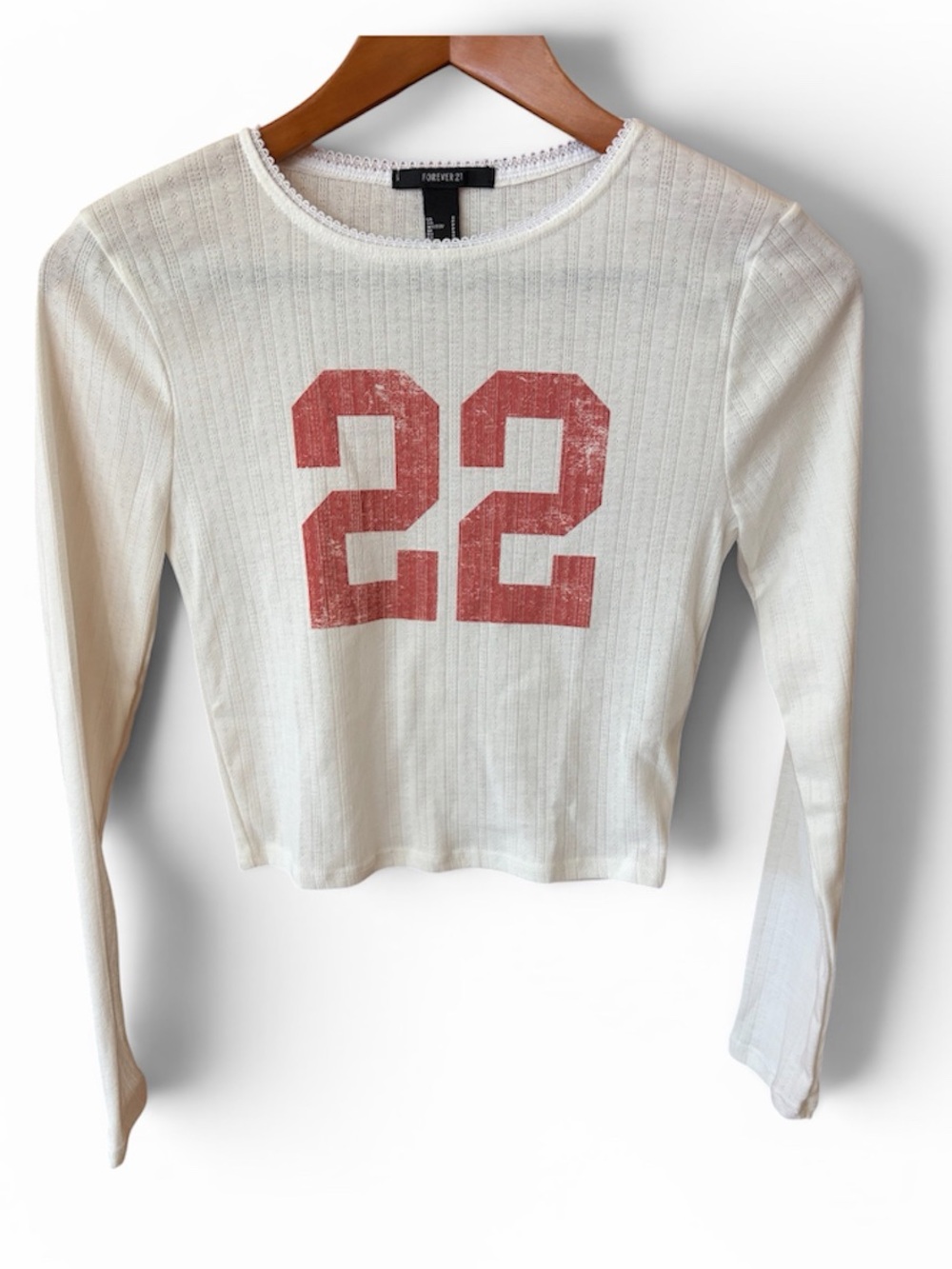 Forever 21 Women’s Cream Ribbed Long-Sleeve Tee with Red '22' Graphic Sz